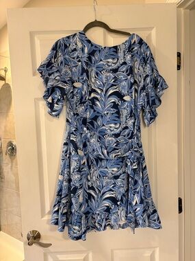Lilly Pulitzer Navy and Light Blue Floral Ruffle Mini Dress